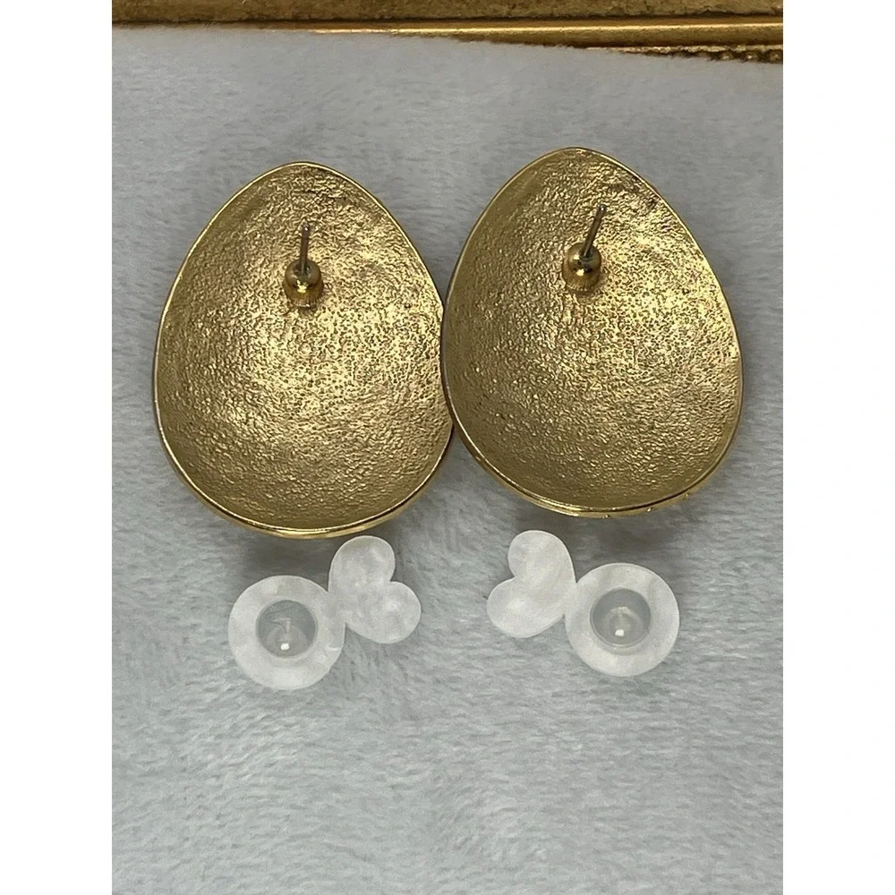 Vtg Earrings Gold Tone Black Enamel Bold Old Money Luxury Statement Estate 80's